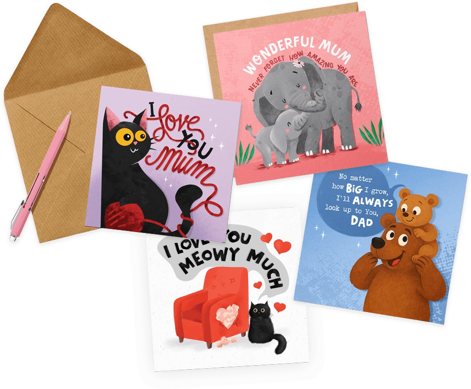 Lovobird greeting cards collection featuring cute animal illustrations for Mum and Dad