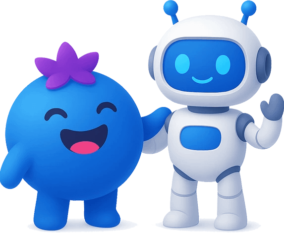 Blueberry mascot gently holding an AI robot by the shoulder – both waving and smiling