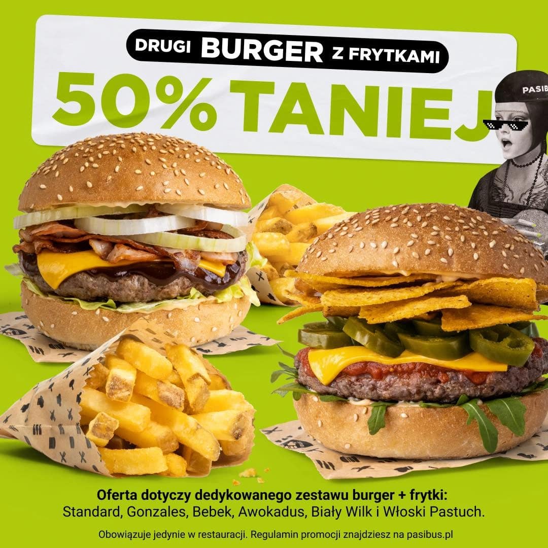 Prowadzenie Facebooka dla restauracji – przykład promocji Pasibus: drugi burger z frytkami 50% taniej