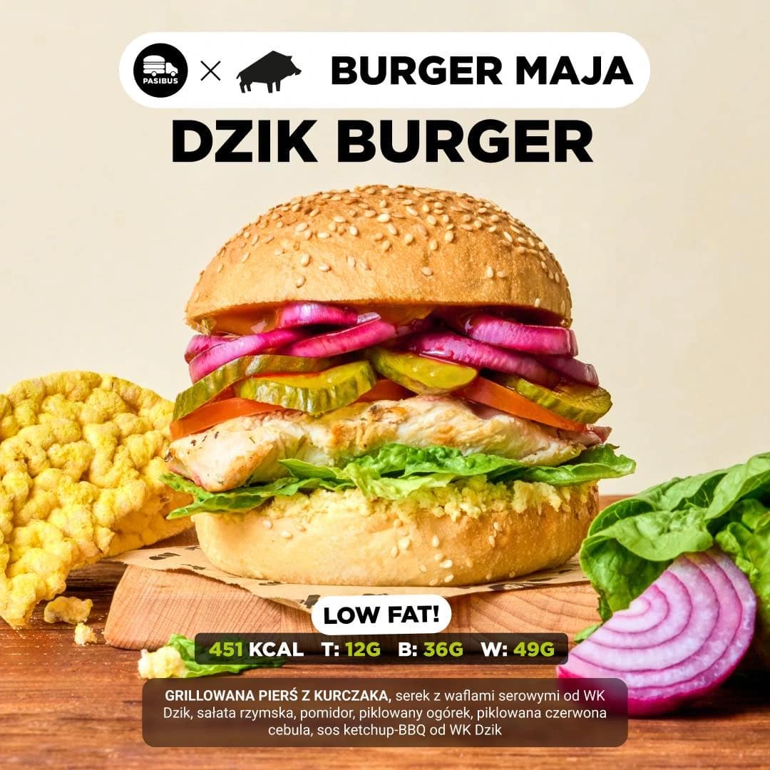 Prowadzenie Facebooka dla restauracji – Pasibus Burger Maja we współpracy z WK Dzik z rozpisanymi makroskładnikami