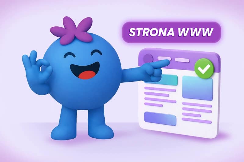 Nowoczesna strona internetowa dla firmy – maskotka SocialBerry pokazująca poprawnie zaprojektowaną stronę WWW