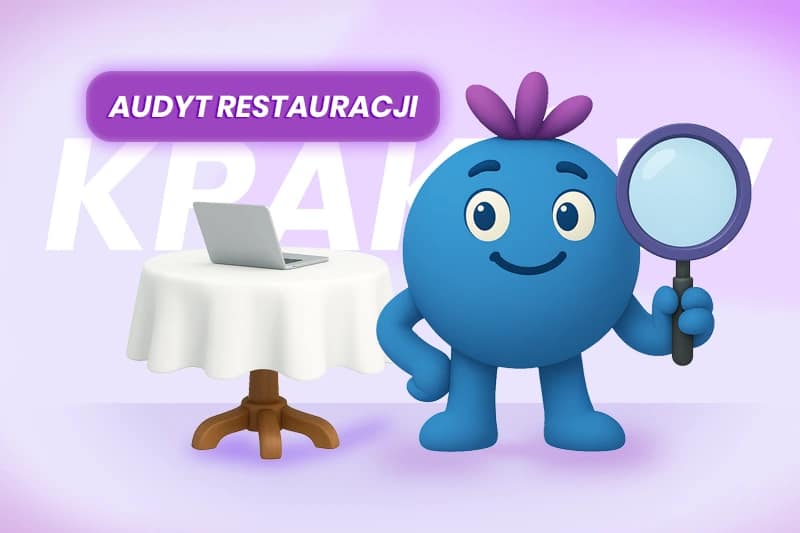 Audyt restauracji Kraków – borówka SocialBerry z lupą analizuje stronę internetową przy stoliku z laptopem, ilustracja 3D. tworzenie stron kraków
