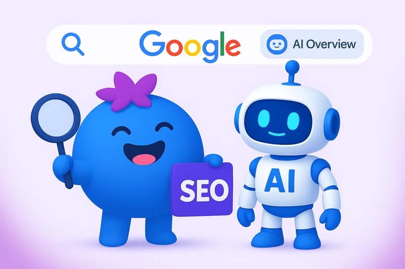 Ilustracja borówki SocialBerry z robotem AI – AI SEO 2025 i pozycjonowanie stron w Google