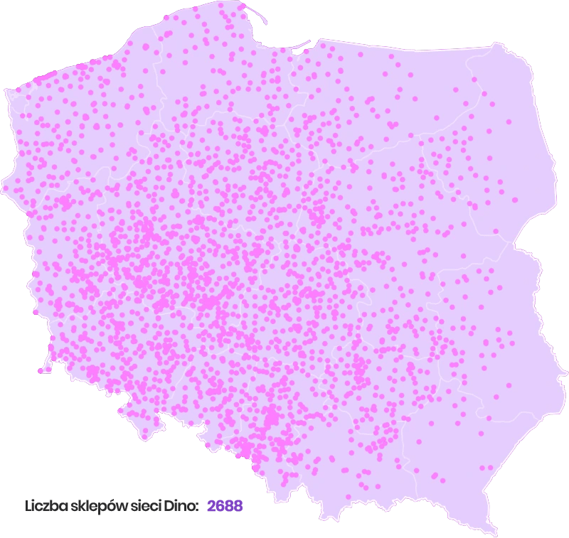mapa polski z liczbą sklepów Dino Polska 2025