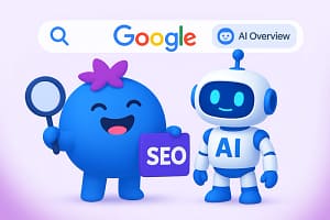 ChatGPT SEO guide – illustration of SocialBerry’s blueberry mascot with an AI robot representing AI SEO and Google search optimisation in 2025