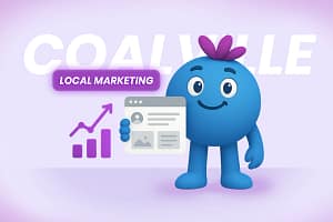 Web Design Coalville illustration showing the SocialBerry blueberry character holding a website mockup with a growth chart