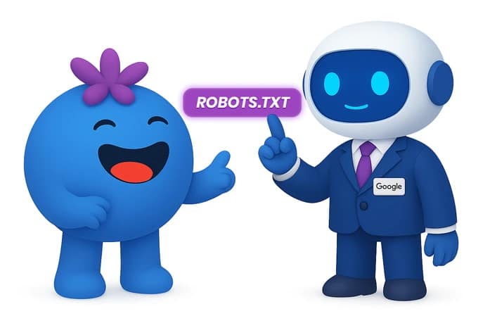 Google robot teaching the SocialBerry blueberry mascot how robots.txt works
