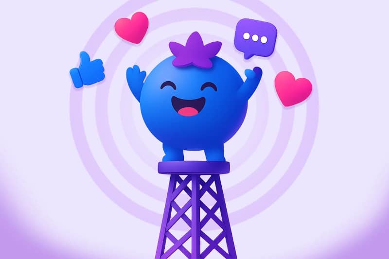 Illustration of a blueberry character representing social media engagement with likes and comments, created for the article on how to increase reach on Facebook and Instagram.